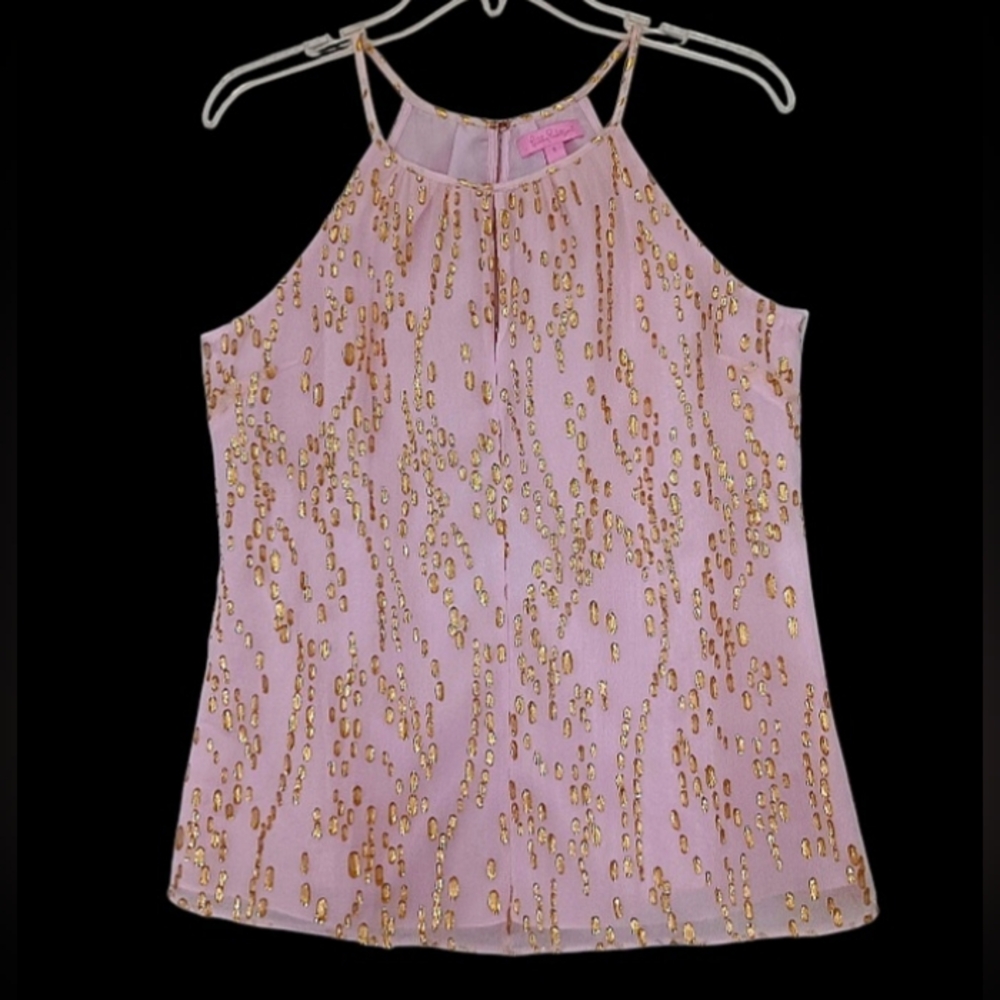 Lilly Pulitzer Silk Pink Tank Top with Gold Foil Spots, Size XS/S - Picture 4 of 16